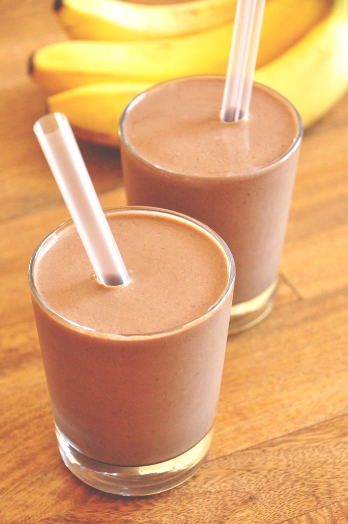 Two glasses of our Chocolate Breakfast Shake for a quick vegan breakfast