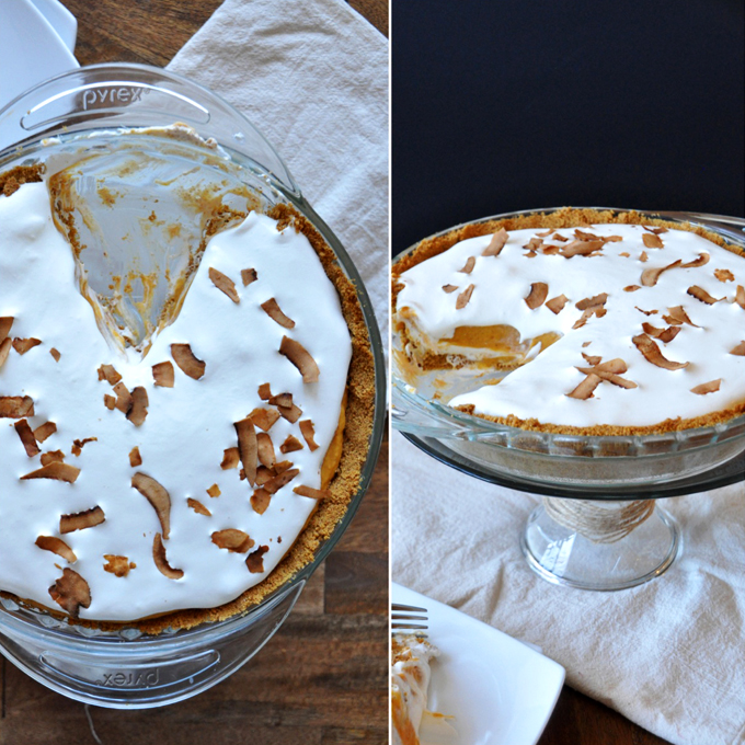 Dish of our Creamy Pumpkin Pie recipe topped with toasted coconut flakes