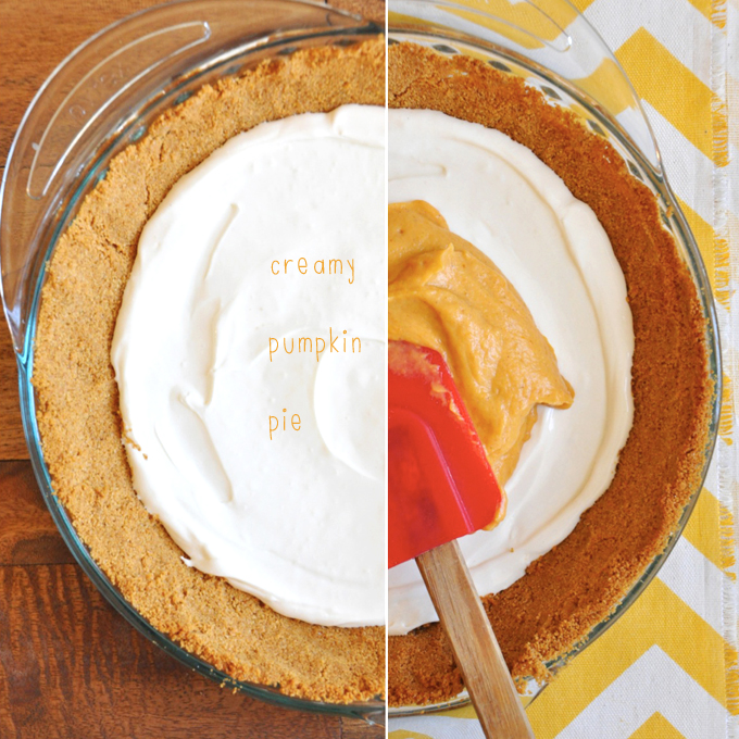 Dish of our Creamy Pumpkin Pie recipe showing before and after adding the pumpkin layer