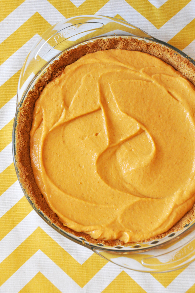 Pie pan of our Creamy Pumpkin Pie recipe perfect for Thanksgiving