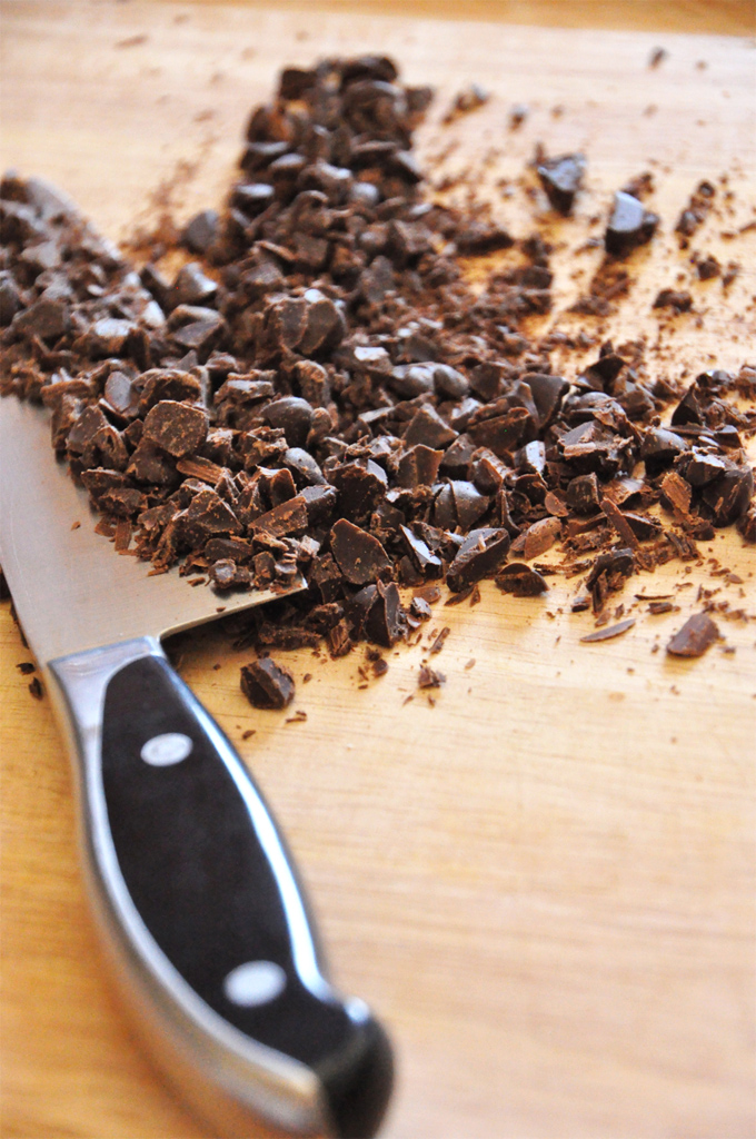 Chopped dark chocolate for making homemade Coconut Chocolate Chip Almond Meal Cookies