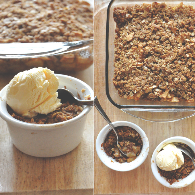 Bowls of Gluten-Free Vegan Apple Crisp with some topped with a scoop of ice cream