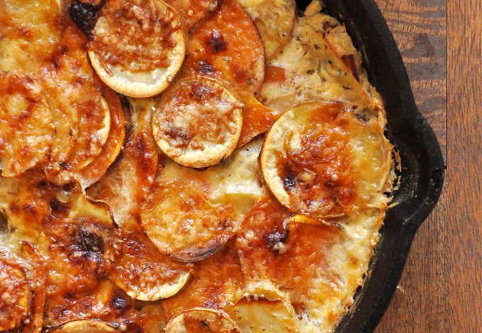 Pan of our simple and delicious Sweet Potato Parmesan Gratin recipe