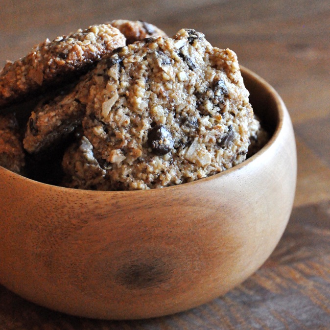 Wood bowl filled with Almond Meal Chocolate Chip Cookies
