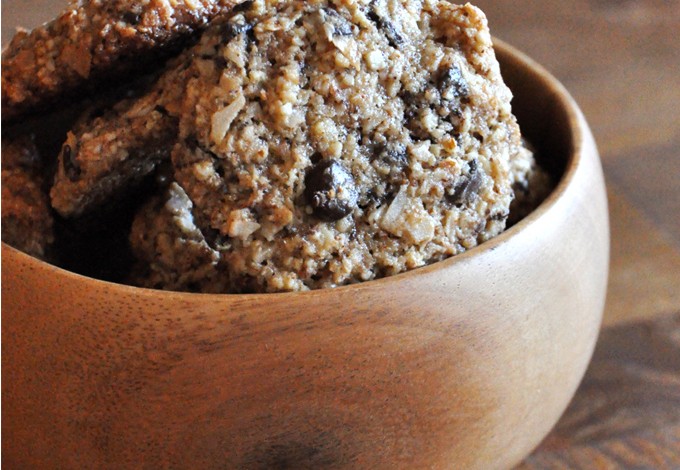 Bowl of simple gluten-free vegan Coconut Chocolate Chip Almond Meal Cookies