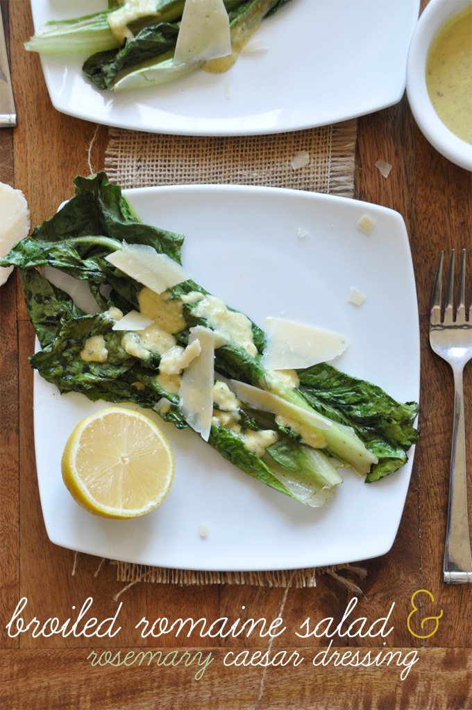 Plates of Broiled Romaine Salad with Rosemary Caesar Dressing
