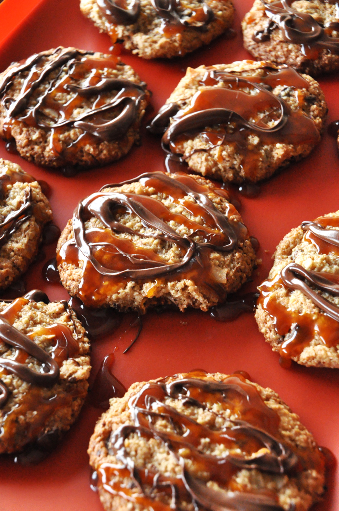 Batch of homemade Gluten-Free Samoas drizzled with chocolate and bourbon caramel
