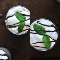 Top down shot of glasses of our Peppermint Mocha Frappe recipe topped with fresh mint leaves
