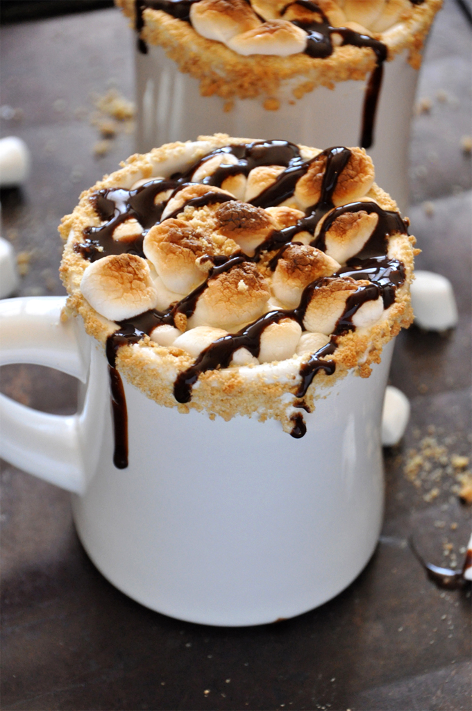Close up shot of a mug of S'mores Hot Chocolate recipe developed to support Charity Water