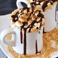 Mugs of S'mores Hot Chocolate surrounded by crushed graham cracker
