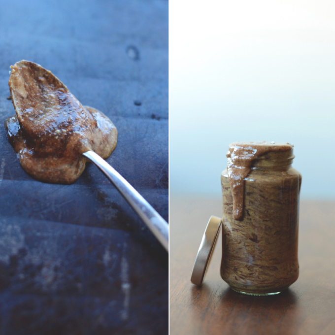 Spoon and jar overflowing with Almond Joy Nut Butter Spread