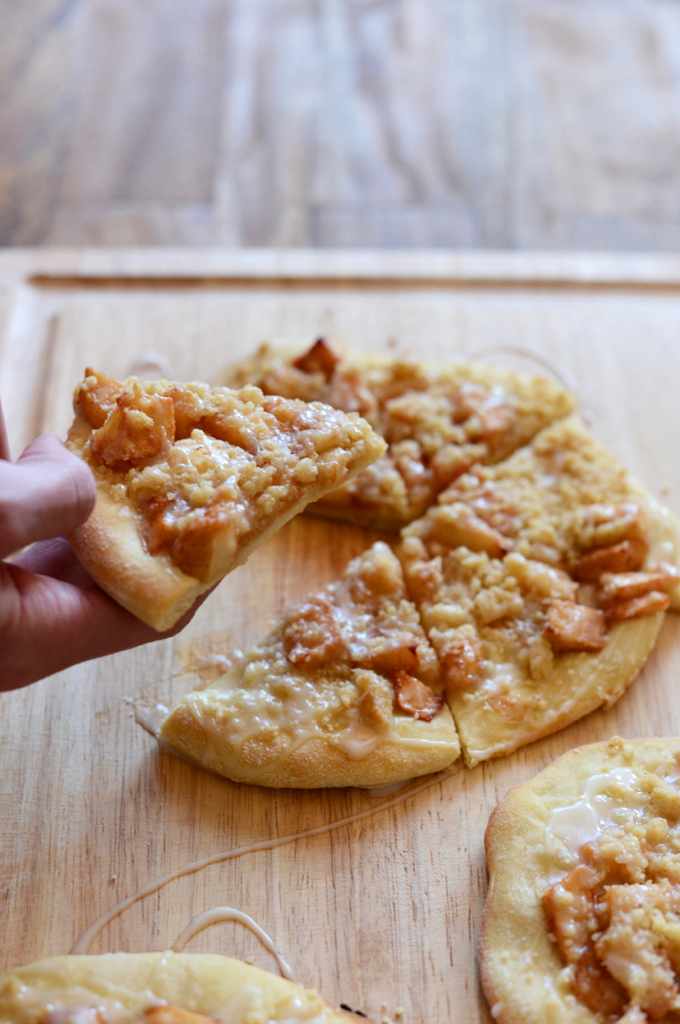 Grabbing a slice of Apple Streusel Pizza for an indulgent dairy-free breakfast