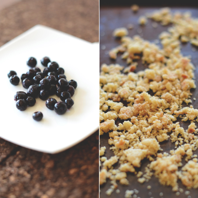 Plate of fresh blueberries and streusel topping for a delicious vegan pancake recipe