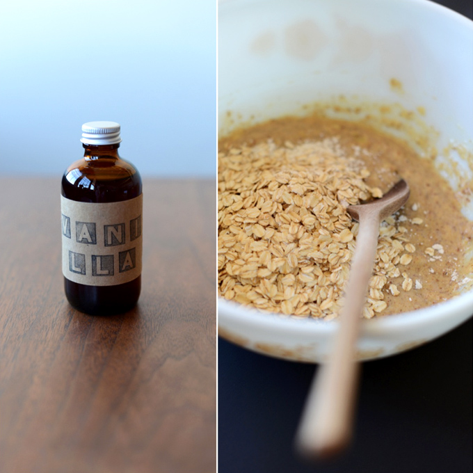 Vanilla extract and a bowl of ingredients for making Vegan Choc Chip Banana Bread Bites