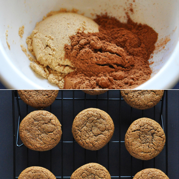 Bowl of ingredients and cooling rack of Ginger Cookies