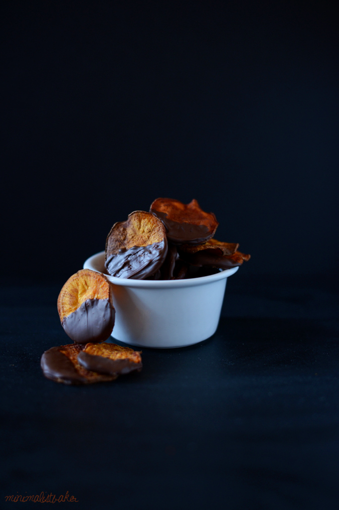 Overflowing bowl of our Dark Chocolate Baked Sweet Potato Chips recipe