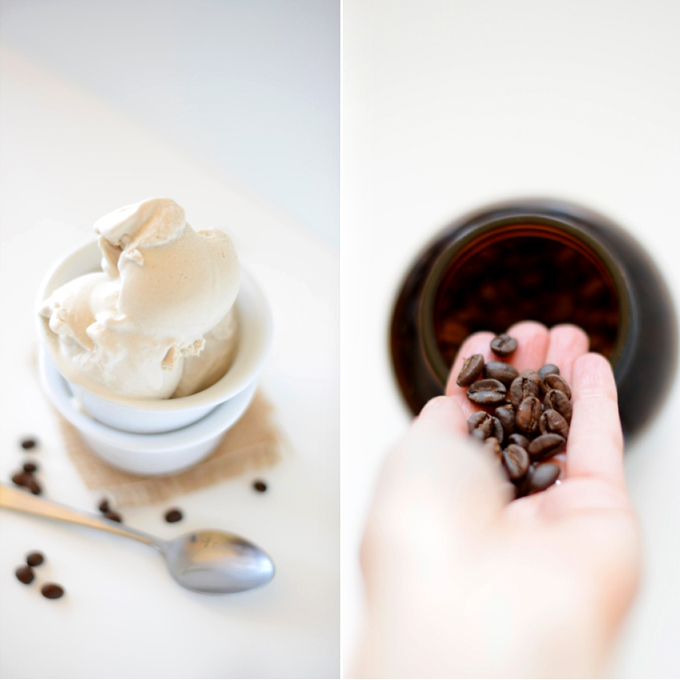 Whole coffee beans and a bowl of homemade Coffee Coconut Ice Cream