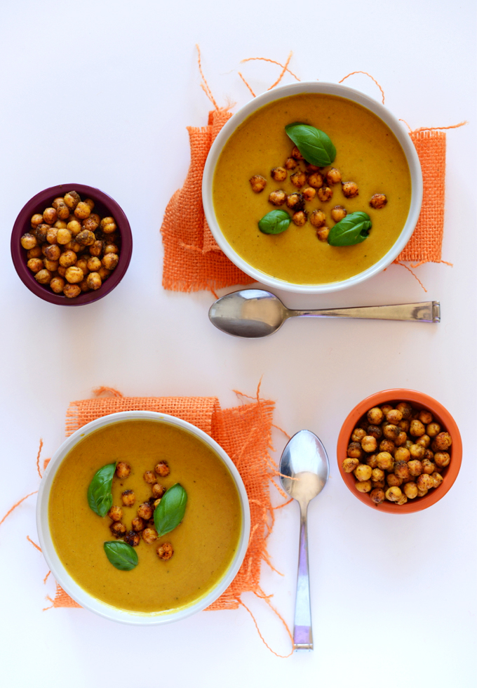 Bowls of Sweet Potato Coconut Curry Soup with Chickpeas for a simple vegan dinner