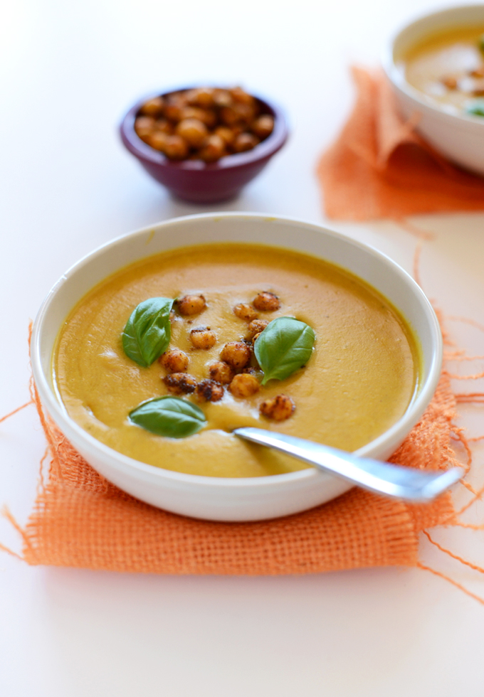 Sweet Potato Coconut Curry Soup with Spicy Baked Chickpeas