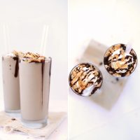 Side view and top view of two tall glasses of our Toasted Coconut Mocha Frappuccino