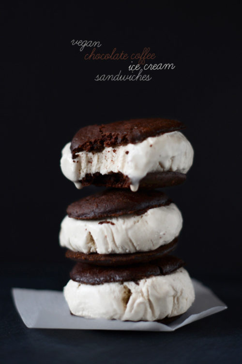 Stack of homemade Chocolate Coffee Ice Cream Sandwiches for an incredible vegan treat