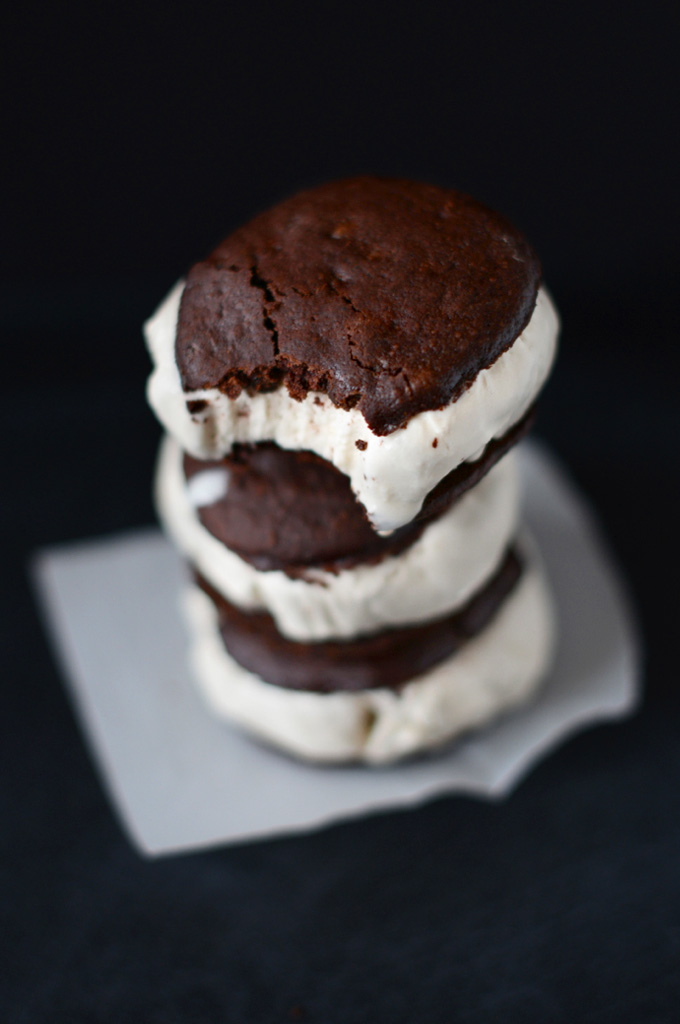 Stack of our Vegan Chocolate Coffee Ice Cream Sandwiches for the ultimate summer dessert
