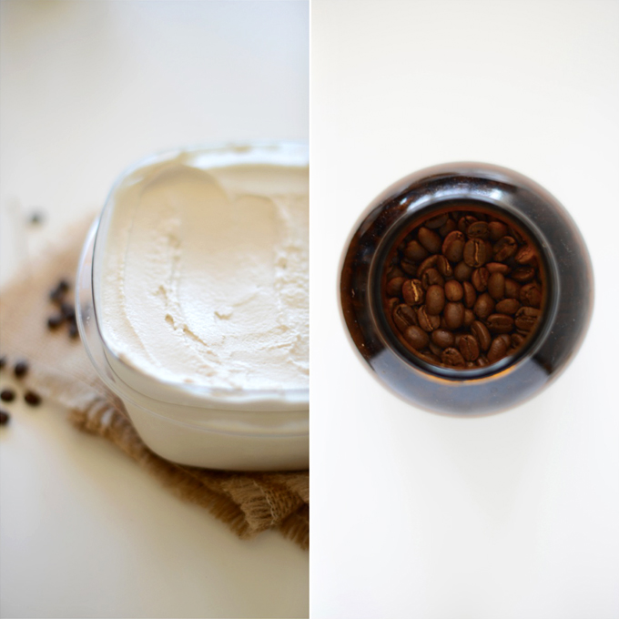 Coffee beans and a tub of our homemade Vegan Coffee Ice Cream recipe