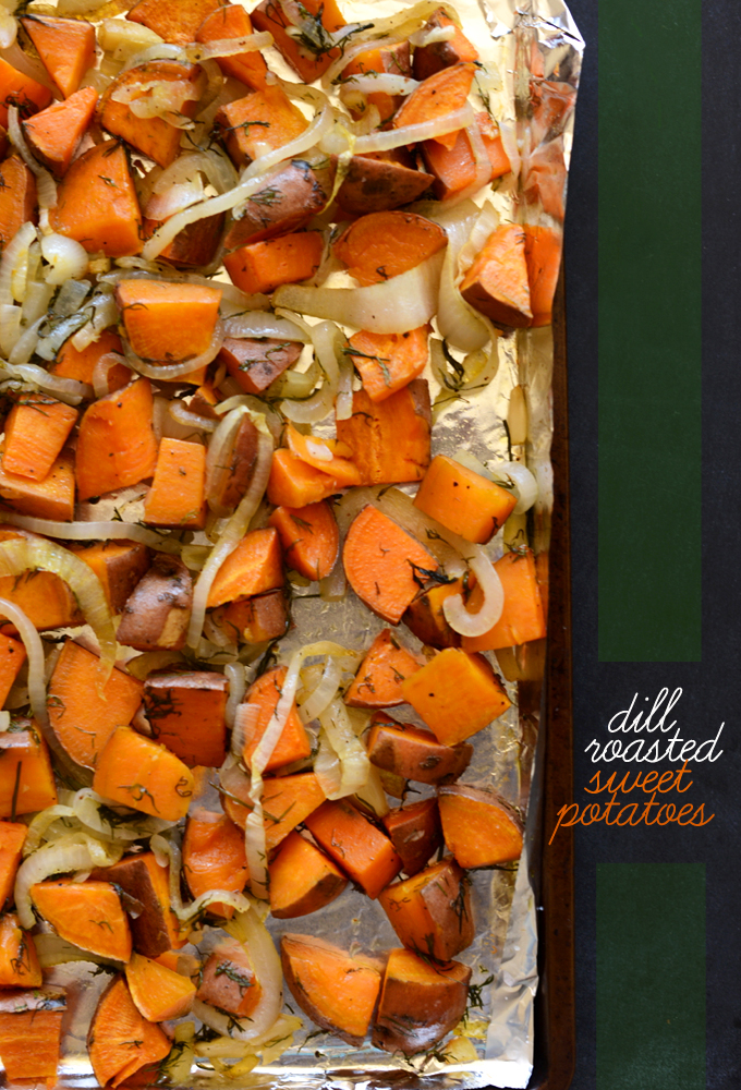 Foil lined baking sheet filled with a batch of our Dill Roasted Sweet Potatoes