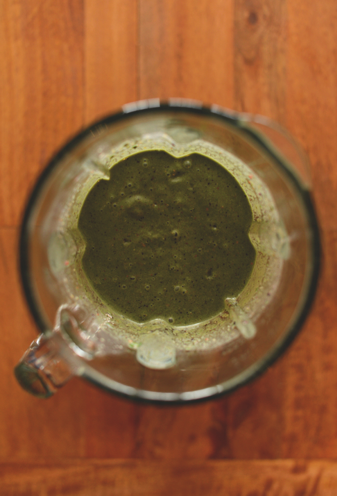 Blender filled with a batch of our Green Smoothie recipe