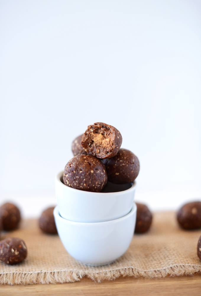 Bowl of No-Bake Cookie Truffles with a Peanut Butter Center