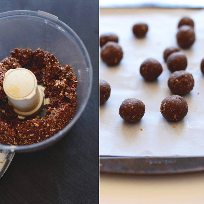 Food processor and baking sheet filled with a batch of our No-Bake Cookie Truffles recipe
