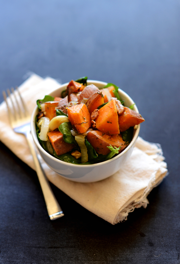 Bowl of our Warm Sweet Potato Dill Spinach Salad recipe