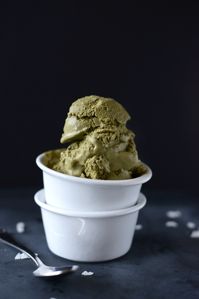 Stack of bowls piled high with Date-Sweetened Coconut Green Tea Ice Cream