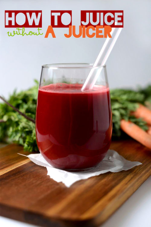 Glass of homemade Beet Apple Carrot Orange Juice made without a juicer