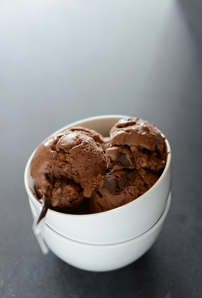 Stacked bowls filled with scoops of our Vegan Brownie Chocolate Ice Cream recipe