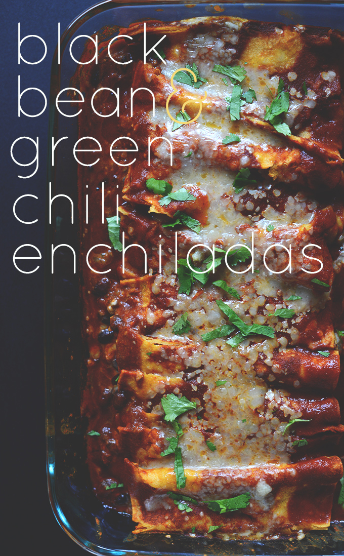 Pan of Black Bean & Green Chili Enchiladas sprinkled with cilantro