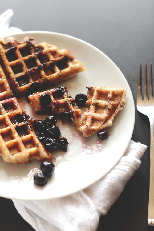 Lemon Blueberry Waffle on a plate for a delicious gluten-free vegan breakfast