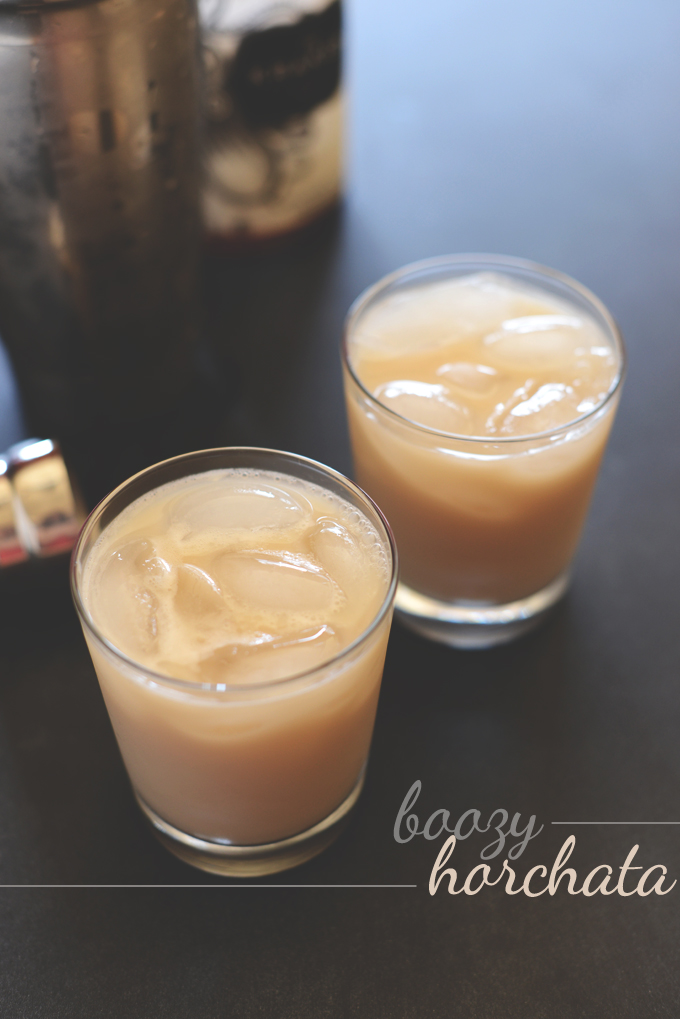 Two short glasses of our Boozy Horchata recipe