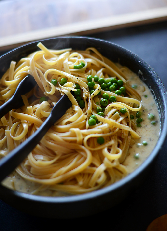 Pan of Butter-Free Alfredo Pasta with green peas