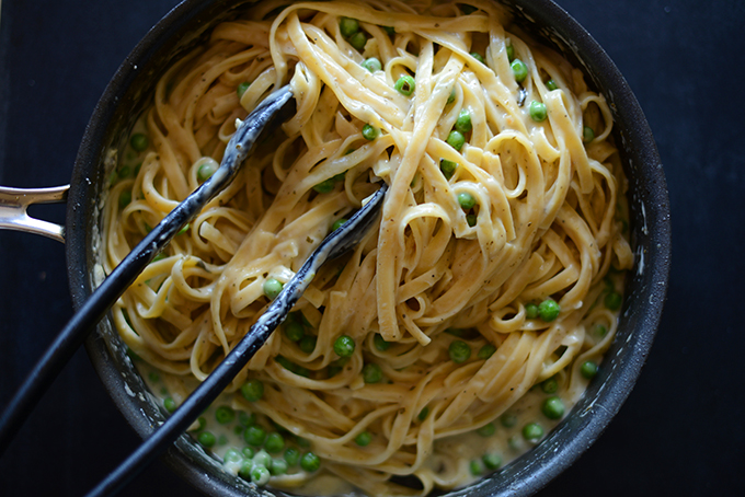 Skillet of Butter-Free Alfredo with Peas for a kid-friendly vegetarian dinner