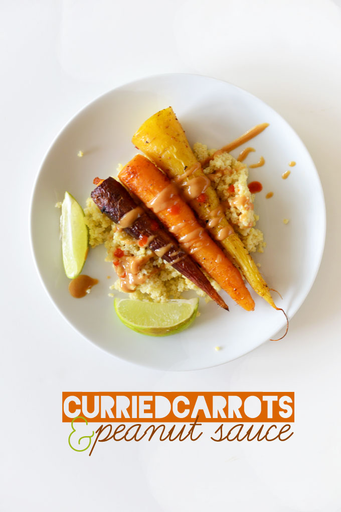 Plate of millet topped with Curried Carrots and drizzled with peanut sauce