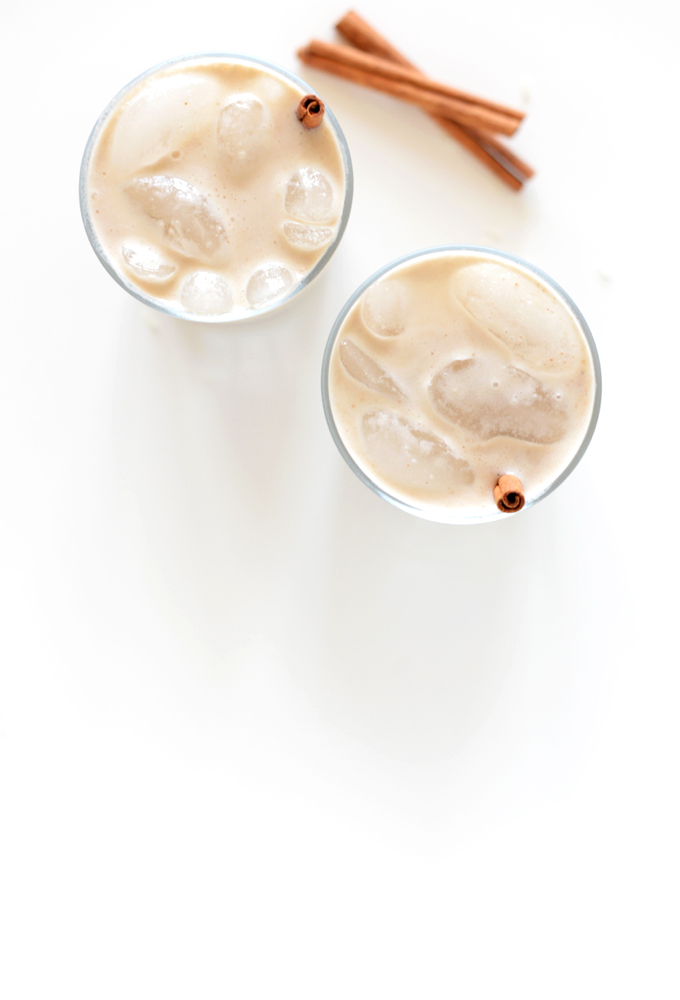 Two glasses of vegan Date-Sweetened Horchata with cinnamon