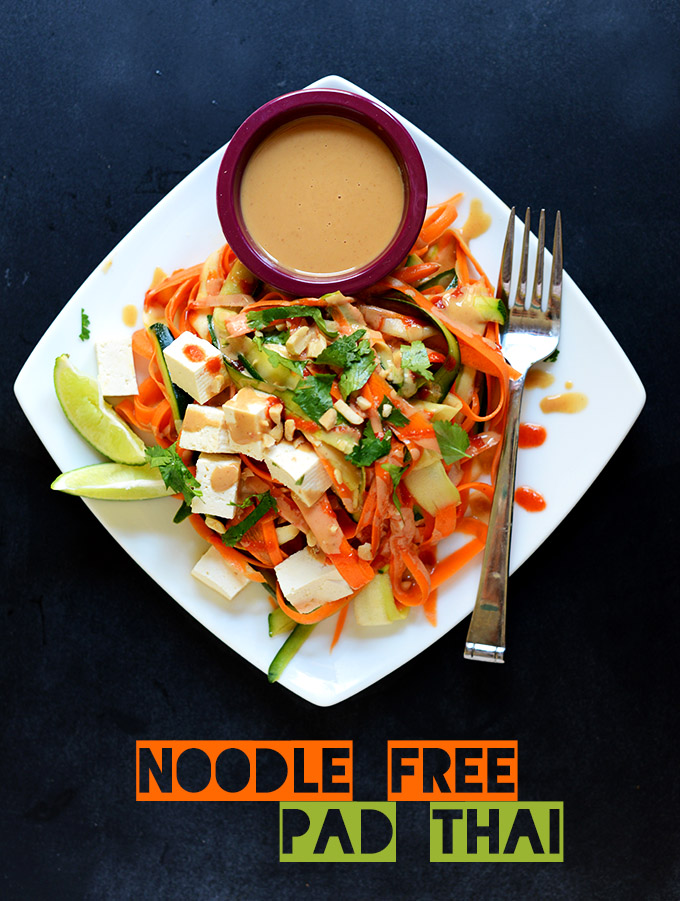 Plate of Noodle-Free Pad Thai with Tofu and a bowl of Pad Thai Sauce