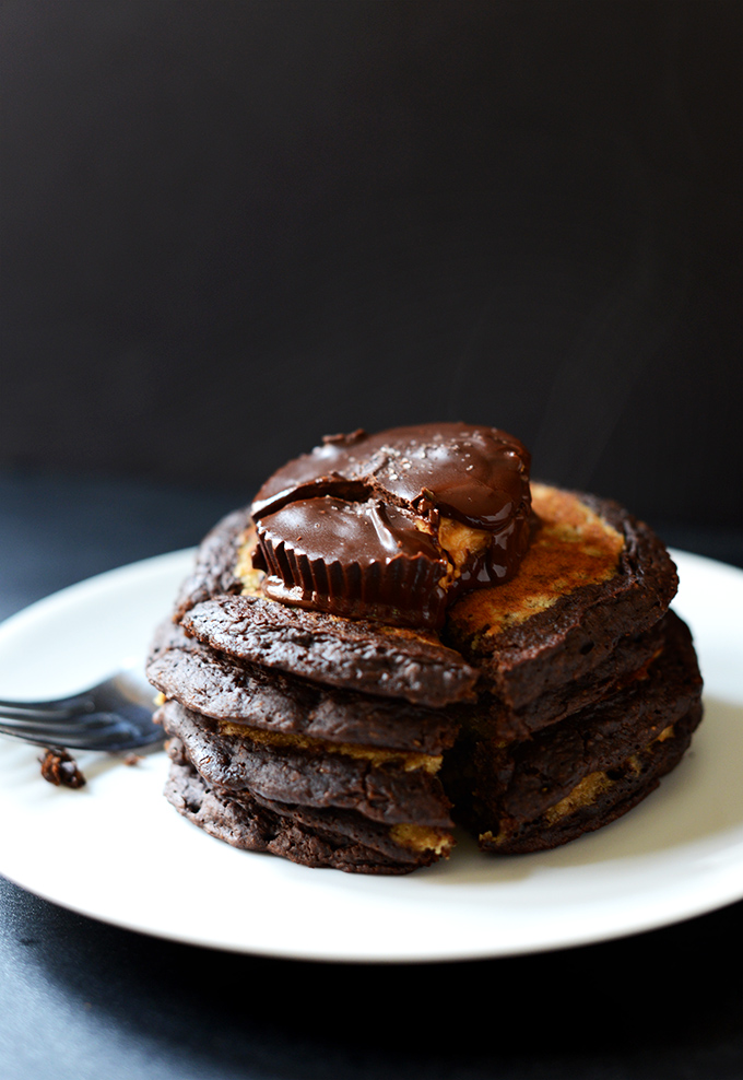 Plate with a stack of Peanut Butter Cup Pancakes