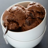 Stack of bowls with scoops of homemade Vegan Brownie Chocolate Ice Cream