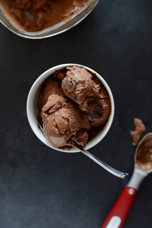 Bowl of homemade Chocolate Brownie Ice Cream that is gluten-free and vegan