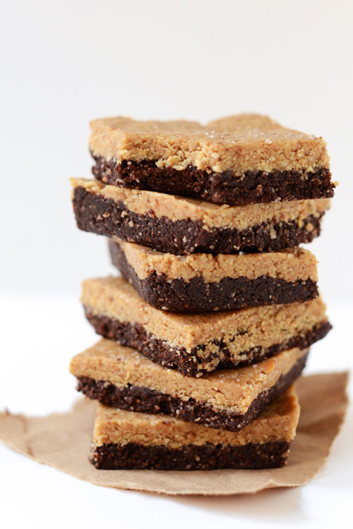 Stack of our No-Bake Peanut Butter Brownie Bars for a delicious gluten-free vegan dessert