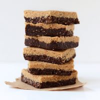Stack of 2-Layer No-Bake Peanut Butter Brownie Bars