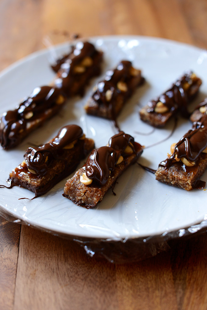 Plate of our simple Vegan Snickers Bars recipe ready to go in the freezer