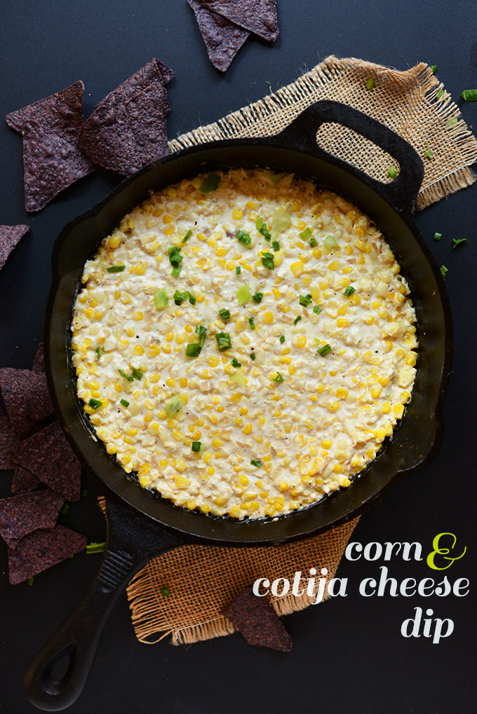 Cast-iron skillet filled with a batch of our Corn and Cotija Cheese Dip recipe